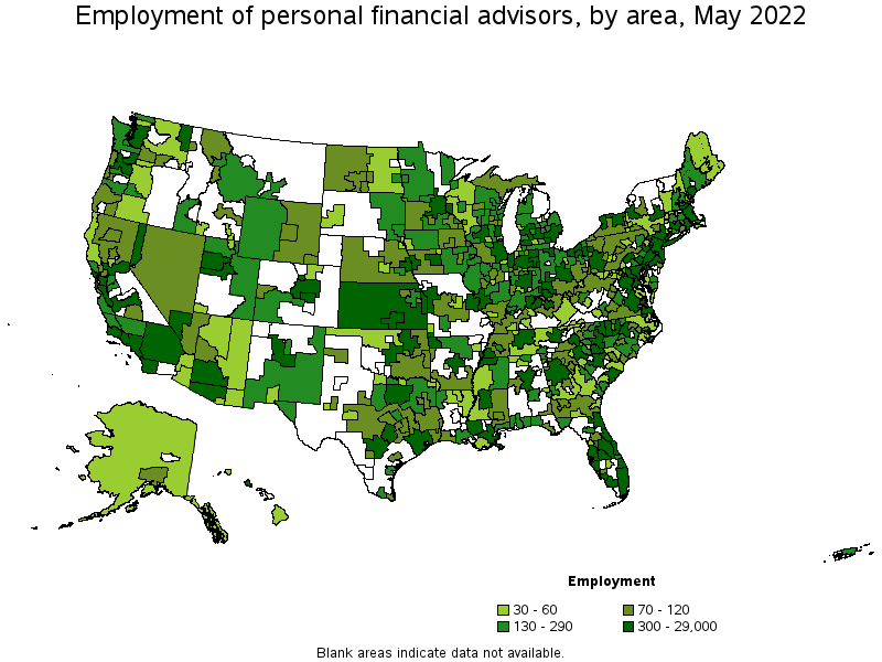 Map of employment of personal financial advisors by area, May 2022