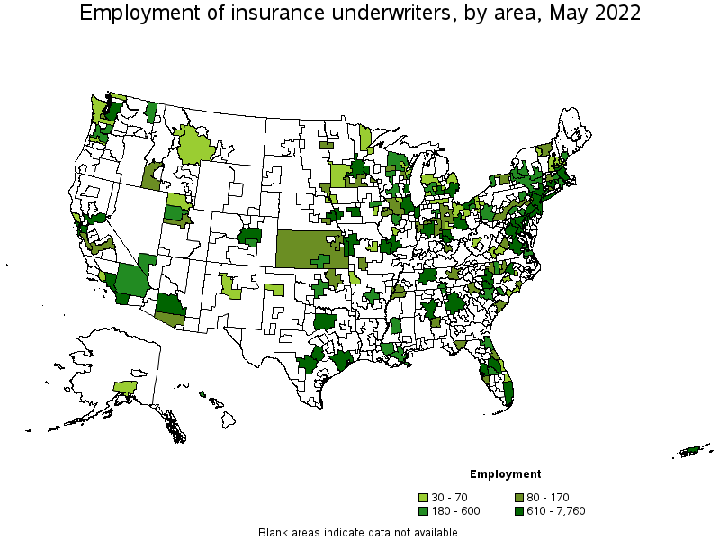 Map of employment of insurance underwriters by area, May 2022