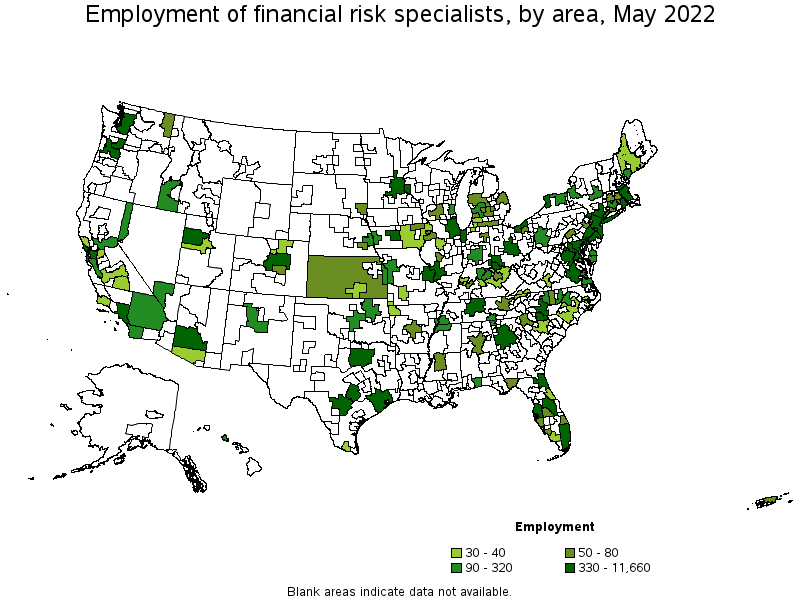 Map of employment of financial risk specialists by area, May 2022