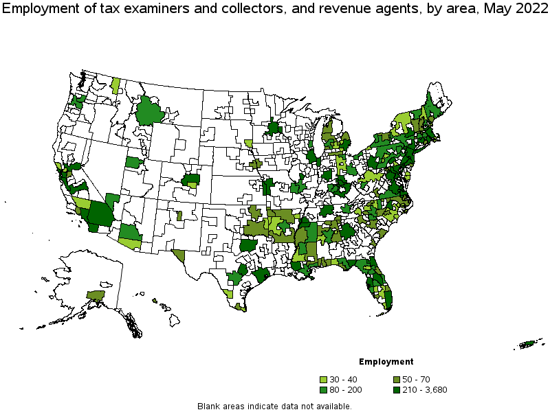 Map of employment of tax examiners and collectors, and revenue agents by area, May 2022