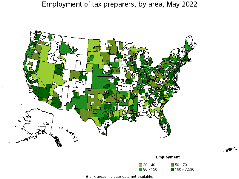 Map of employment of tax preparers by area, May 2022