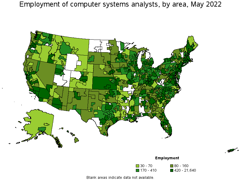 Map of employment of computer systems analysts by area, May 2022