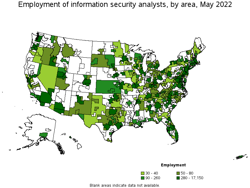 Map of employment of information security analysts by area, May 2022