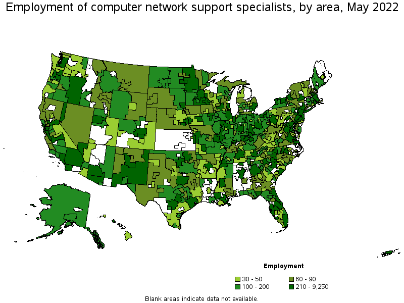 Map of employment of computer network support specialists by area, May 2022