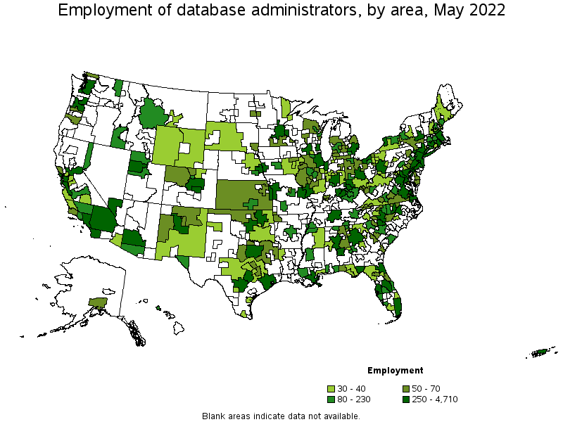 Map of employment of database administrators by area, May 2022
