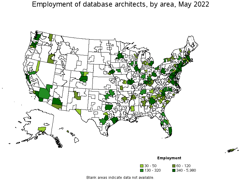 Map of employment of database architects by area, May 2022