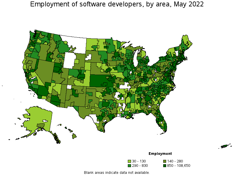 Map of employment of software developers by area, May 2022