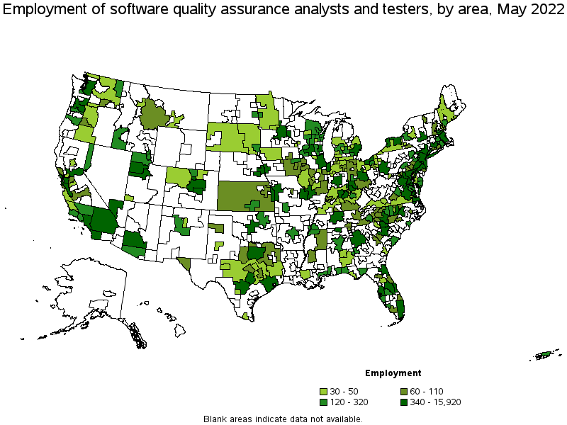 Map of employment of software quality assurance analysts and testers by area, May 2022