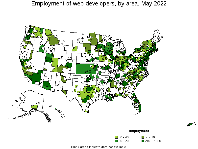 Map of employment of web developers by area, May 2022