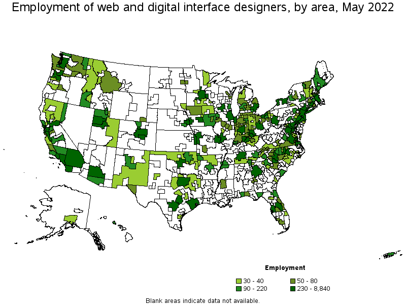 Map of employment of web and digital interface designers by area, May 2022