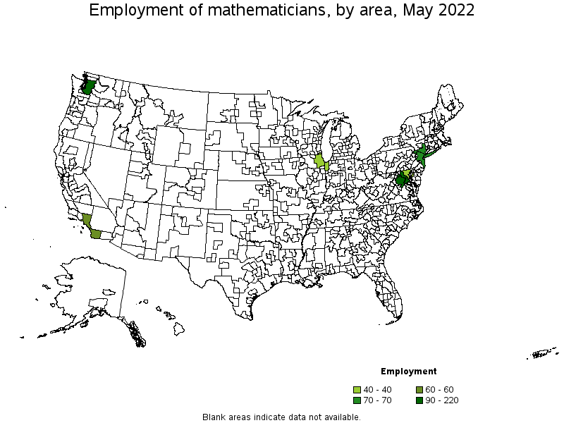 Map of employment of mathematicians by area, May 2022