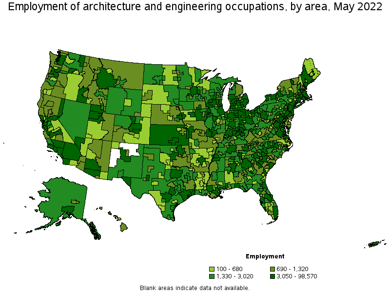 Map of employment of architecture and engineering occupations by area, May 2022