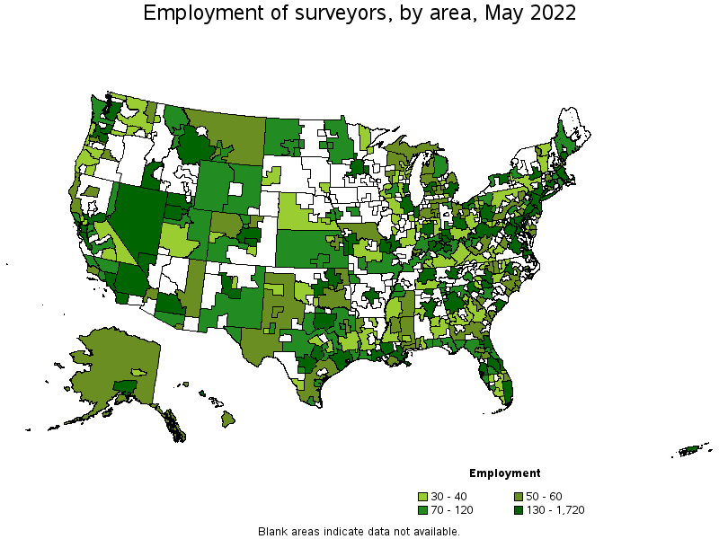 Map of employment of surveyors by area, May 2022