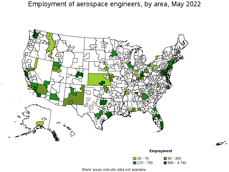 Map of employment of aerospace engineers by area, May 2022
