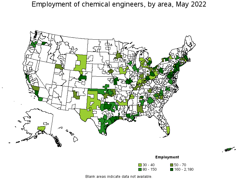 Map of employment of chemical engineers by area, May 2022