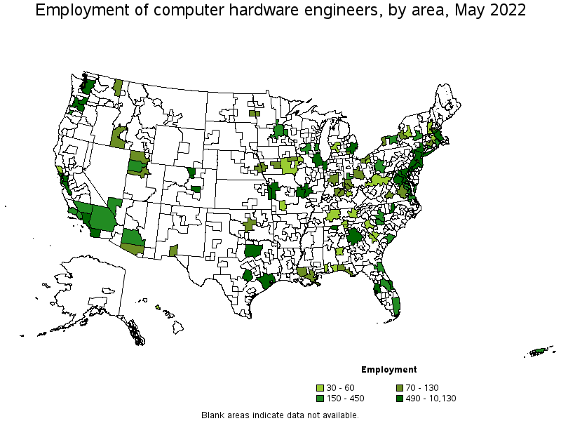 Map of employment of computer hardware engineers by area, May 2022
