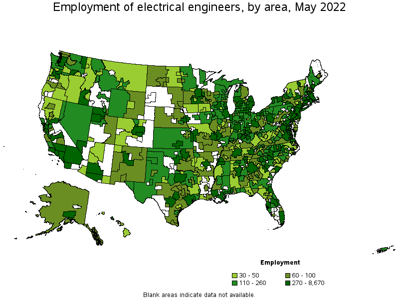 Map of employment of electrical engineers by area, May 2022