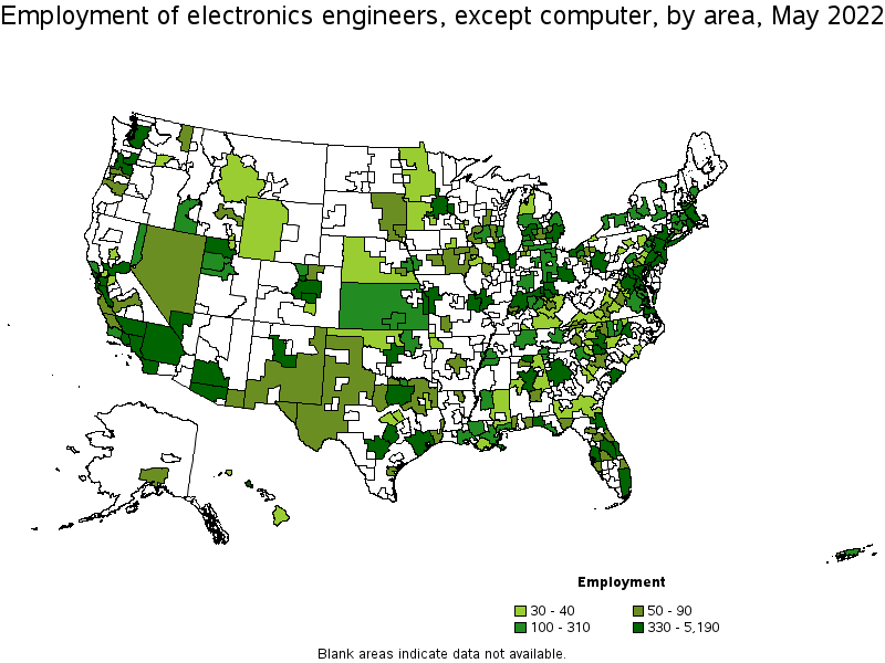 Map of employment of electronics engineers, except computer by area, May 2022
