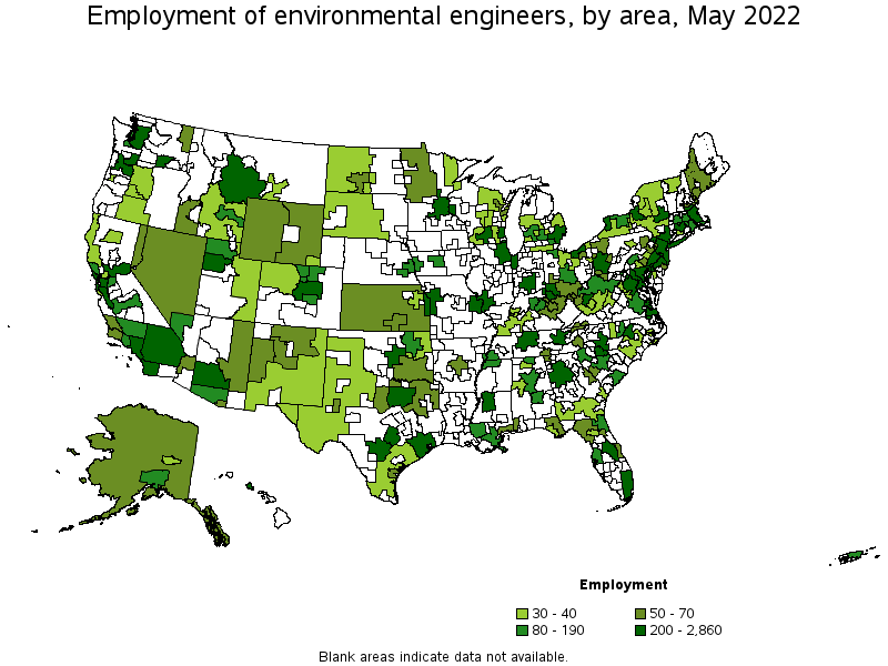 Map of employment of environmental engineers by area, May 2022