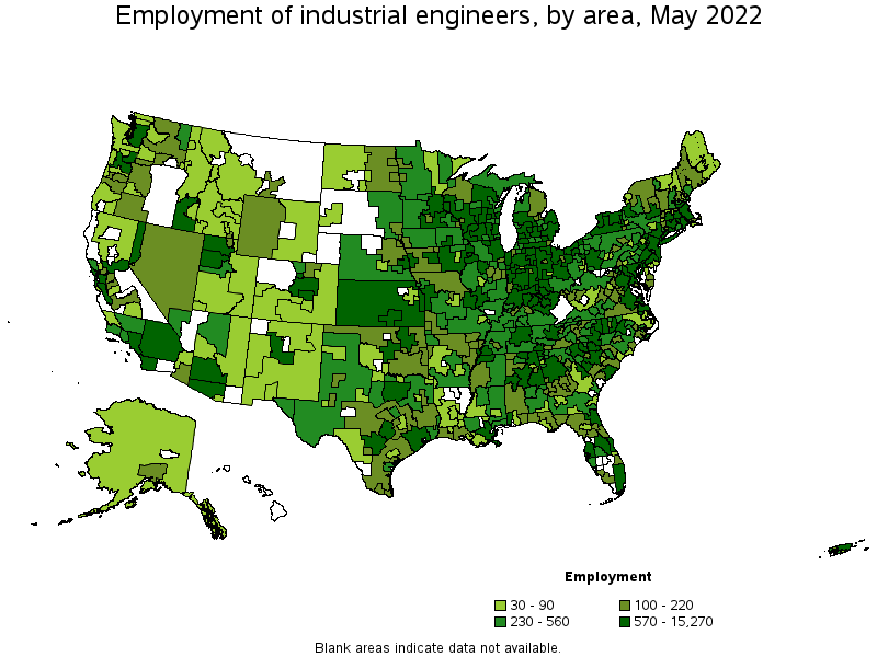 Map of employment of industrial engineers by area, May 2022