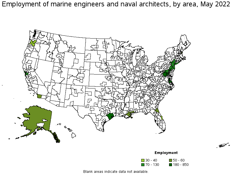 Map of employment of marine engineers and naval architects by area, May 2022