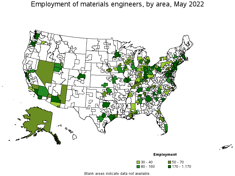 Map of employment of materials engineers by area, May 2022