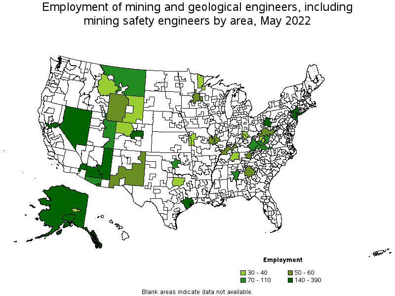 Map of employment of mining and geological engineers, including mining safety engineers by area, May 2022