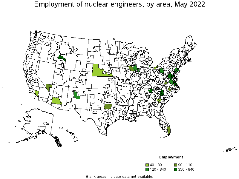 Map of employment of nuclear engineers by area, May 2022