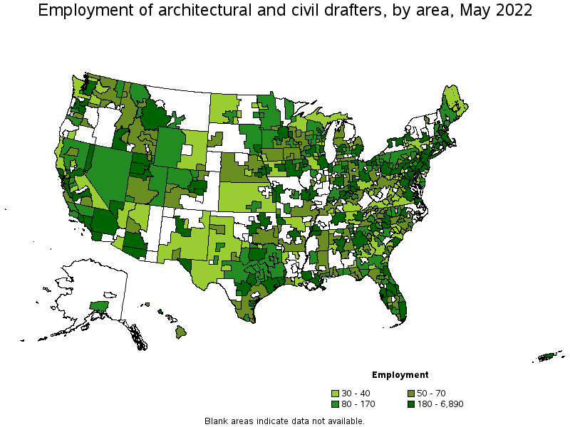 Map of employment of architectural and civil drafters by area, May 2022