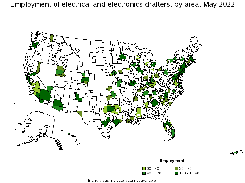 Map of employment of electrical and electronics drafters by area, May 2022