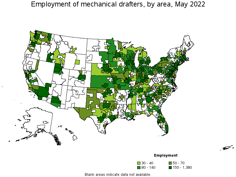 Map of employment of mechanical drafters by area, May 2022