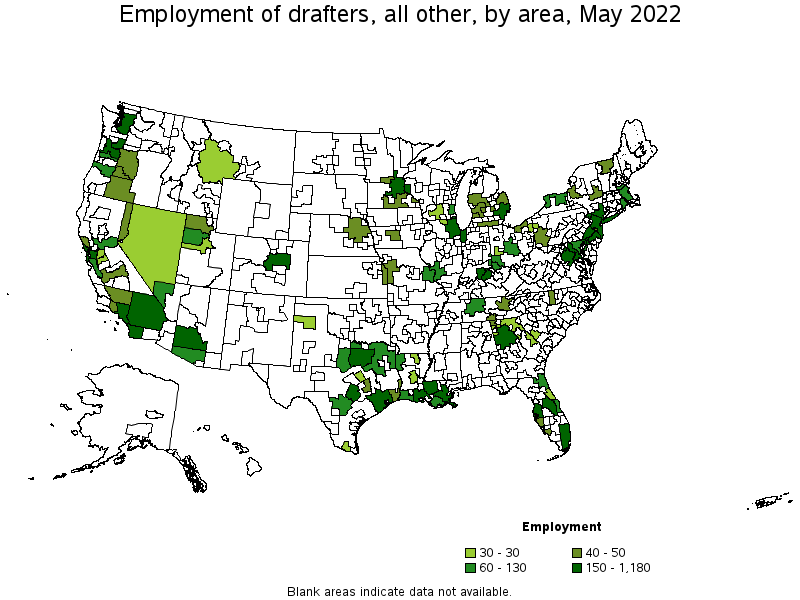 Map of employment of drafters, all other by area, May 2022