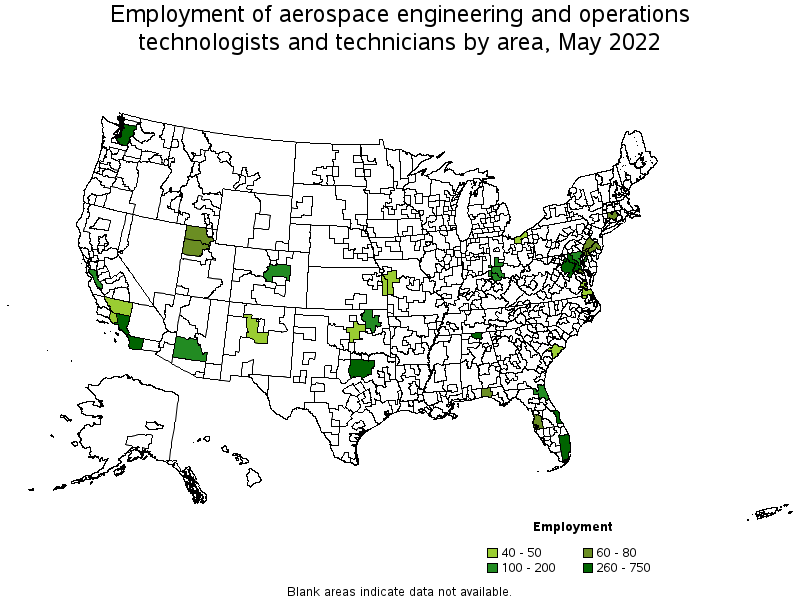 Map of employment of aerospace engineering and operations technologists and technicians by area, May 2022