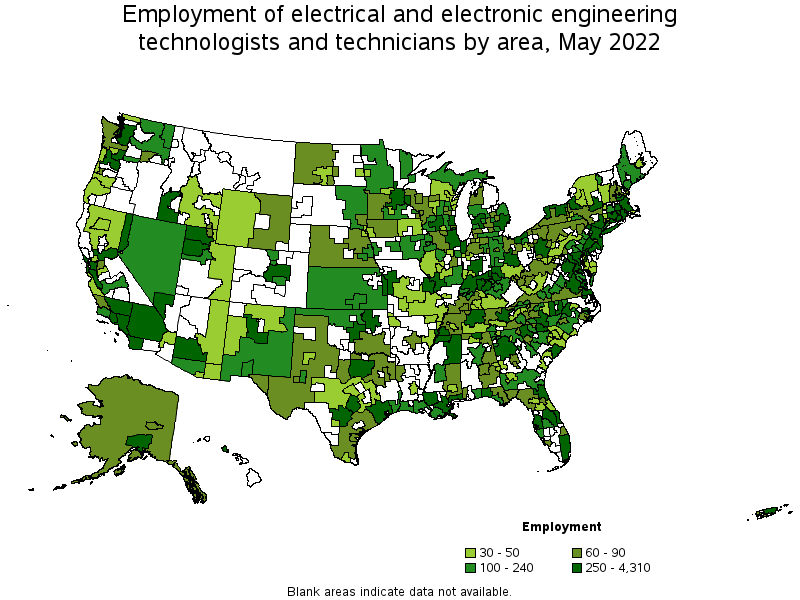Map of employment of electrical and electronic engineering technologists and technicians by area, May 2022