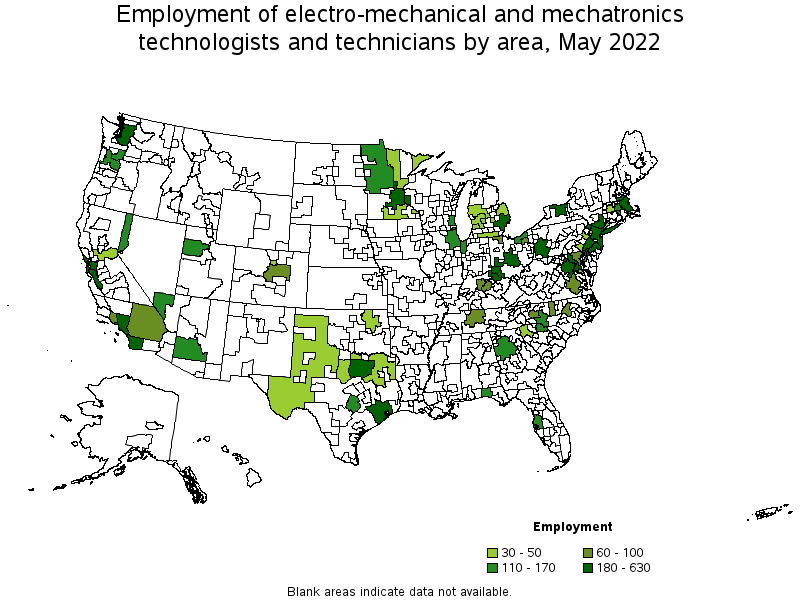 Map of employment of electro-mechanical and mechatronics technologists and technicians by area, May 2022