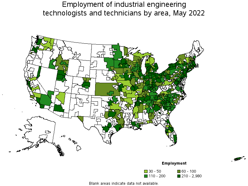 Map of employment of industrial engineering technologists and technicians by area, May 2022