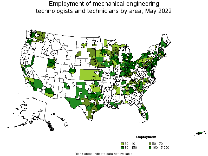 Map of employment of mechanical engineering technologists and technicians by area, May 2022