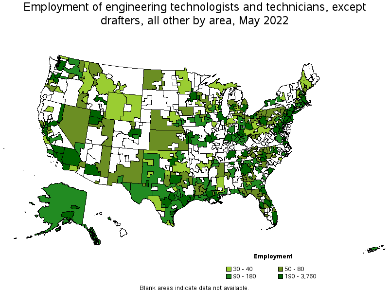 Map of employment of engineering technologists and technicians, except drafters, all other by area, May 2022