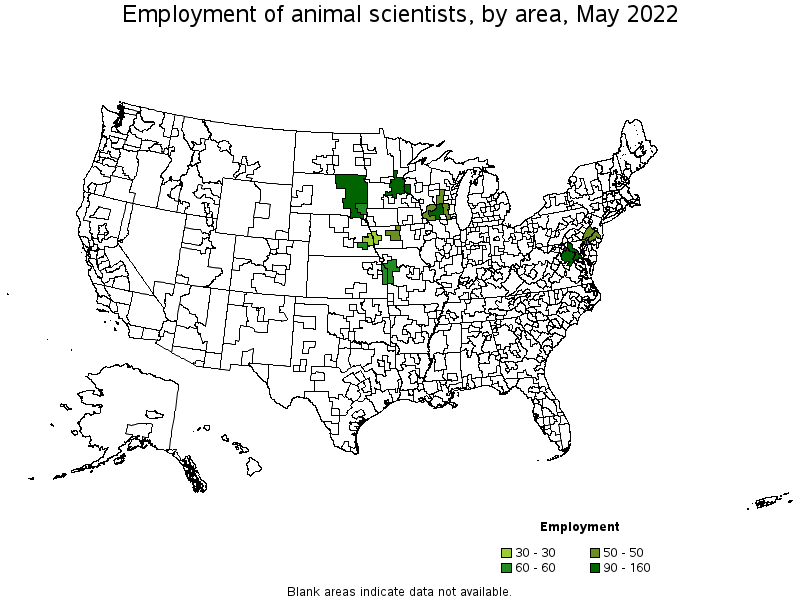 Map of employment of animal scientists by area, May 2022