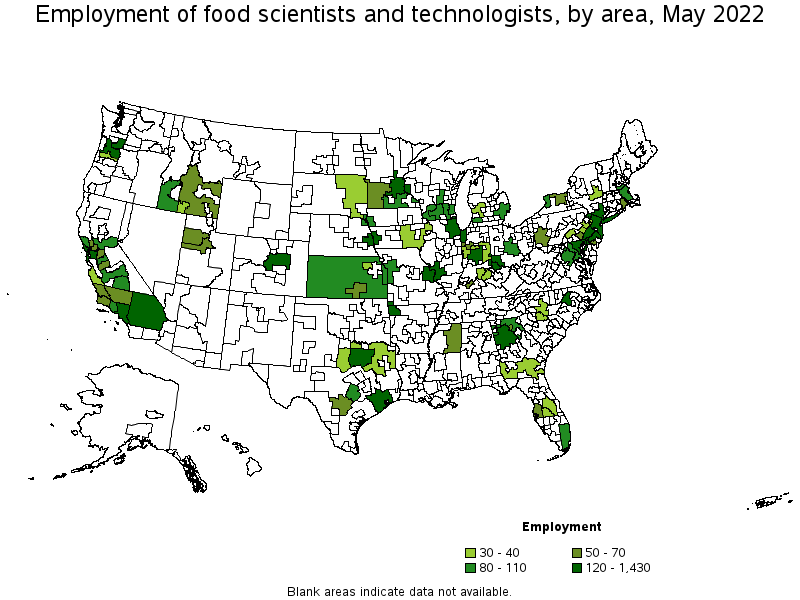 Map of employment of food scientists and technologists by area, May 2022