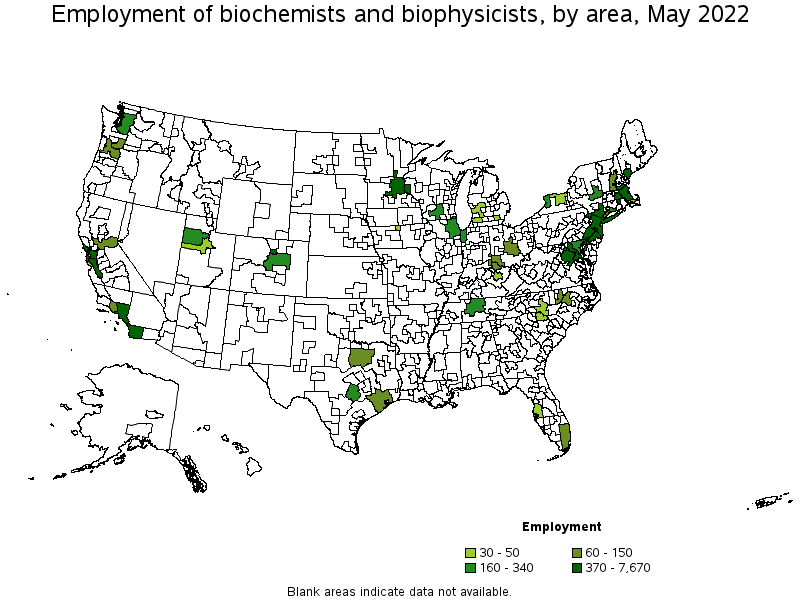 Map of employment of biochemists and biophysicists by area, May 2022