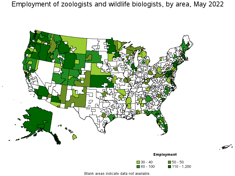 Map of employment of zoologists and wildlife biologists by area, May 2022