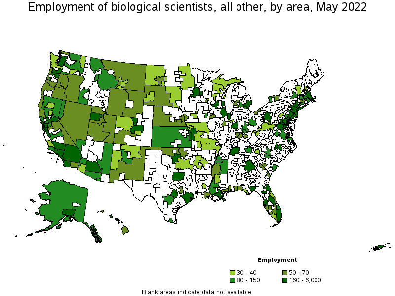 Map of employment of biological scientists, all other by area, May 2022