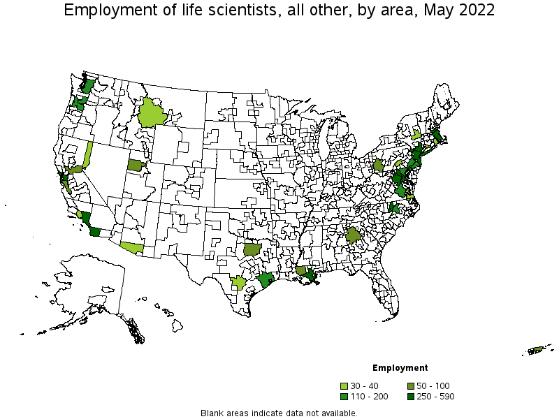 Map of employment of life scientists, all other by area, May 2022