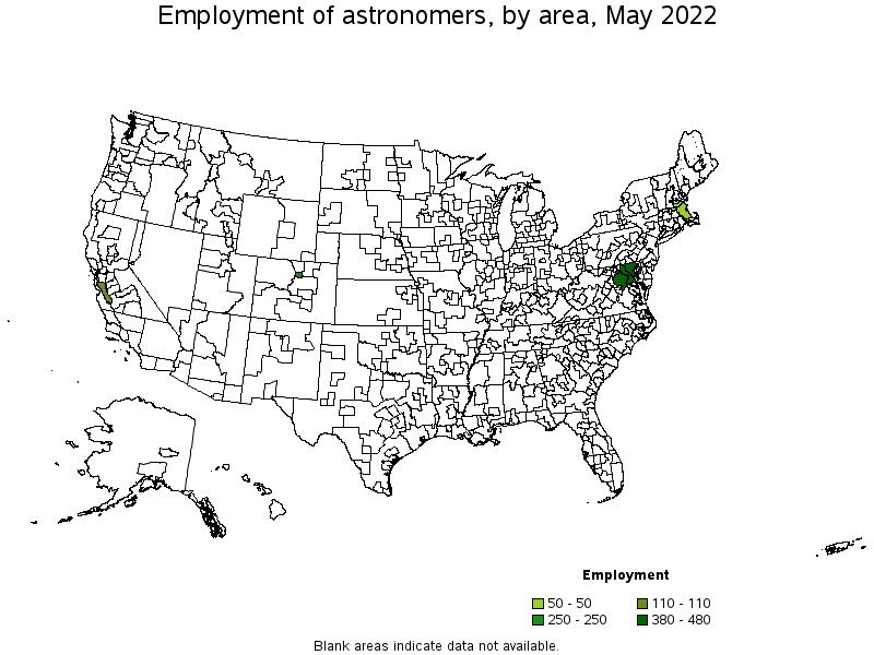 Map of employment of astronomers by area, May 2022