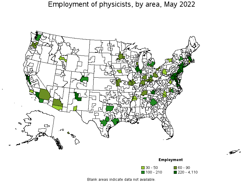 Map of employment of physicists by area, May 2022