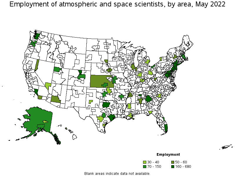 Map of employment of atmospheric and space scientists by area, May 2022