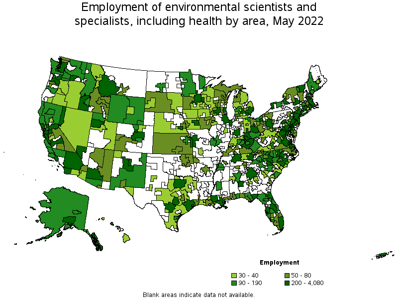 Map of employment of environmental scientists and specialists, including health by area, May 2022