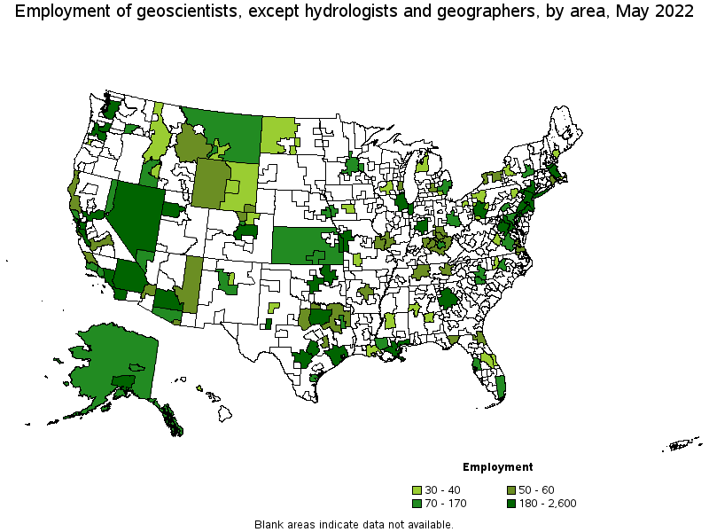 Map of employment of geoscientists, except hydrologists and geographers by area, May 2022