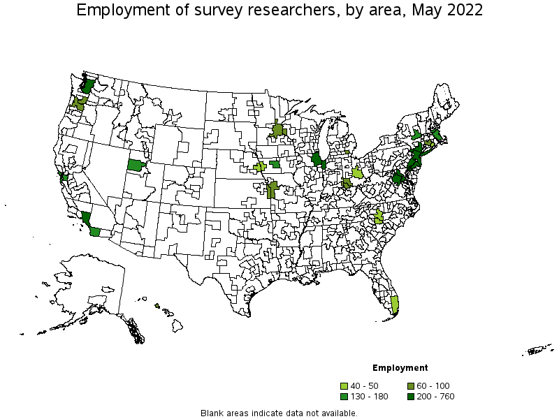 Map of employment of survey researchers by area, May 2022